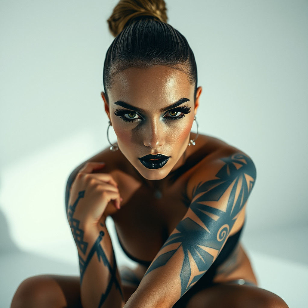 Woman with Geometric Tattoos in Cyberpunk Style