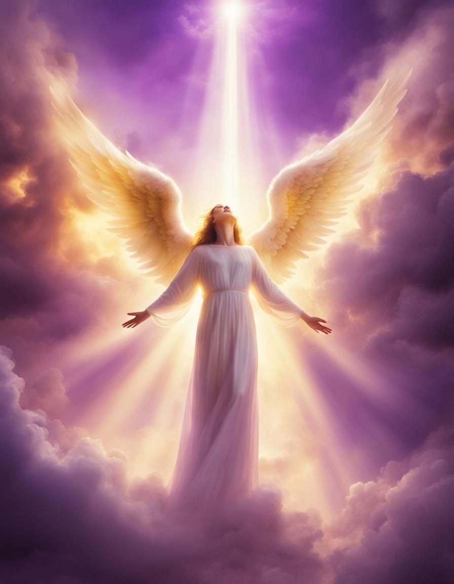 Burning pit of hell, angelic Angel, lifting souls up into majestic light to safety, purple and gold,  heavenly sunshine ...