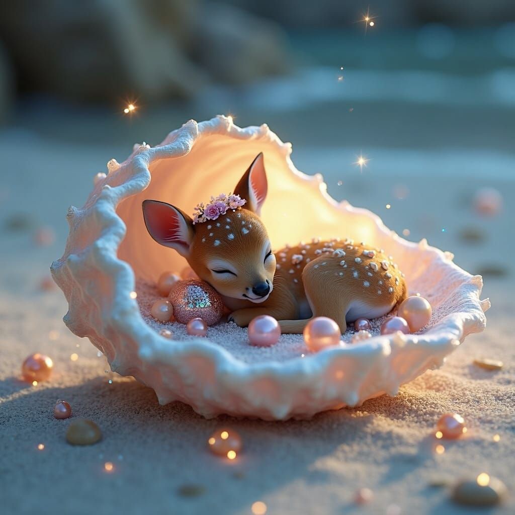 Whimsical Fawn in Iridescent Shell on Sparkling Beach