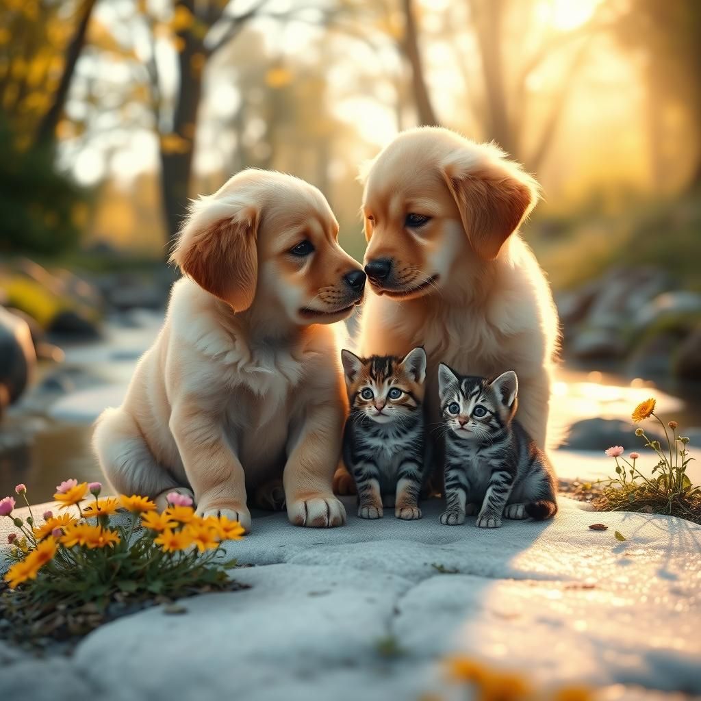 Golden Retriever Puppy and Kitten on Ice Patch