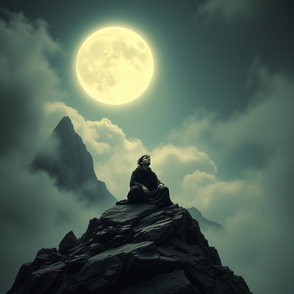 Soulful Moonlit Figure Howls in Mystical, Surreal Landscape