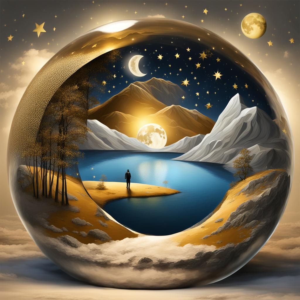 Surreal Nightscape Reflected in Glass Bubble