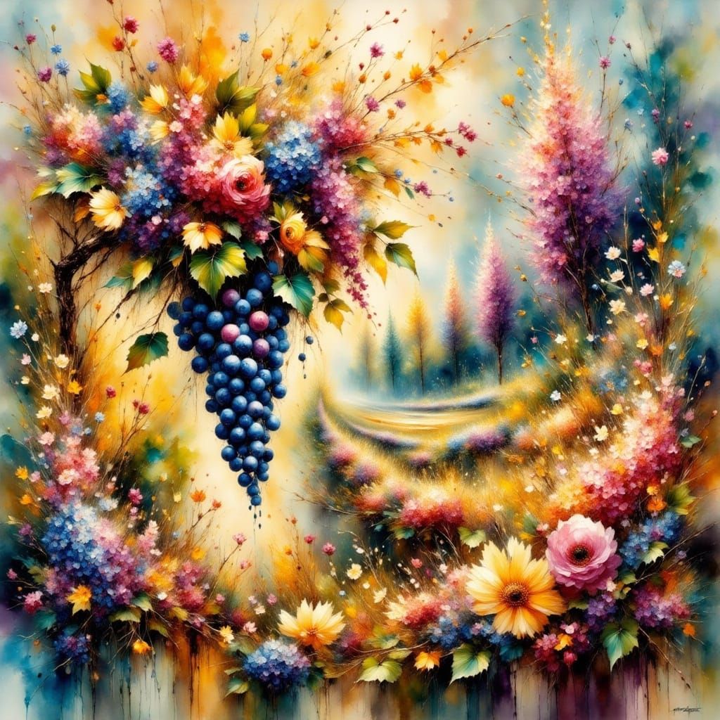 Vine Leaves in Impressionist Watercolor Style