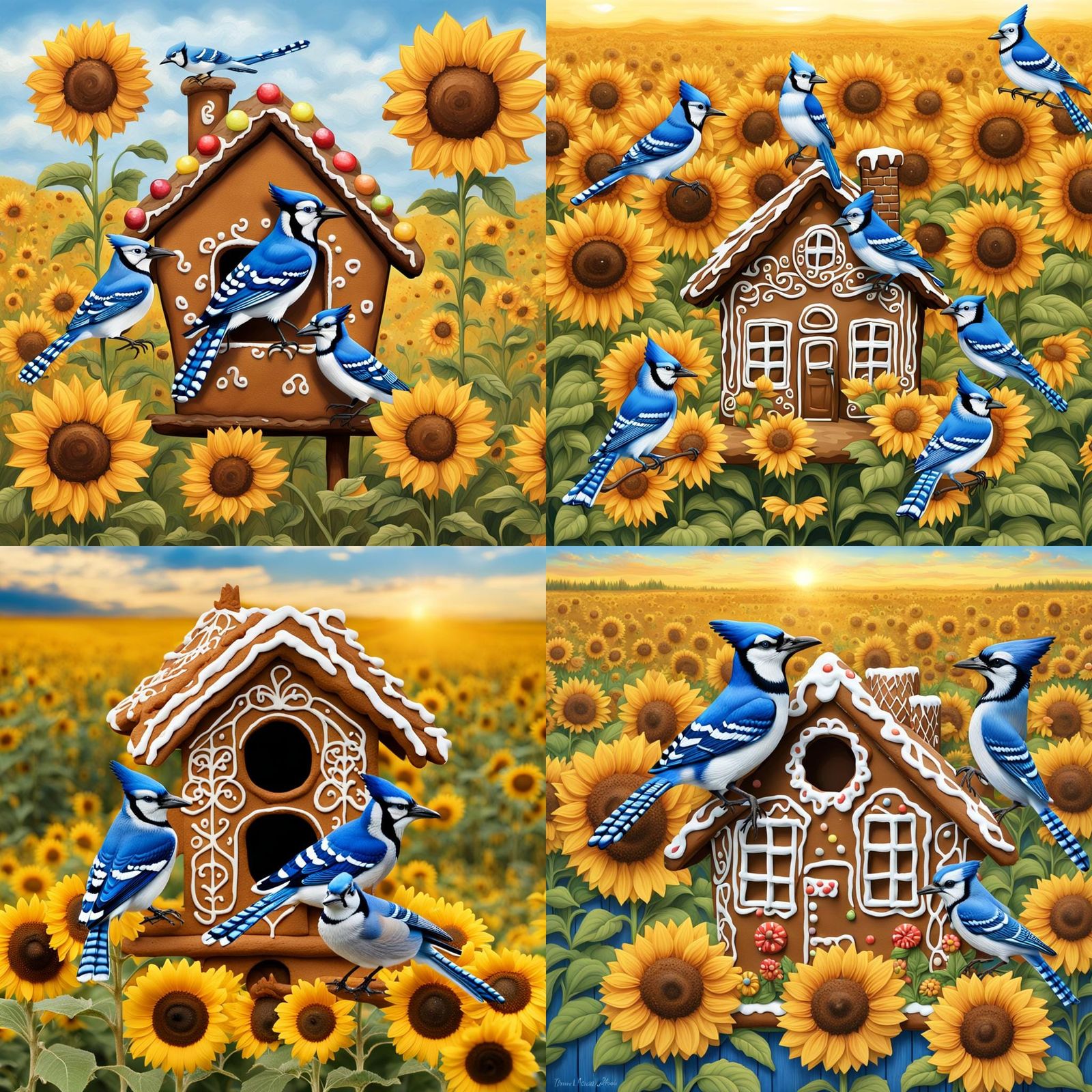 Blue Jays and Gingerbread House in Sunflower Field