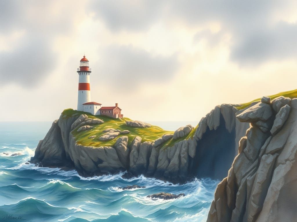 Lighthouse in Impressionistic Watercolor on a Stormy Coast