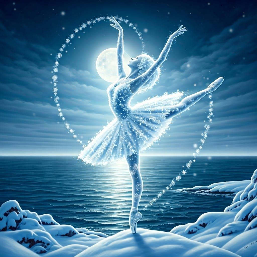 Ice Ballerina Dancing in Winter Landscape