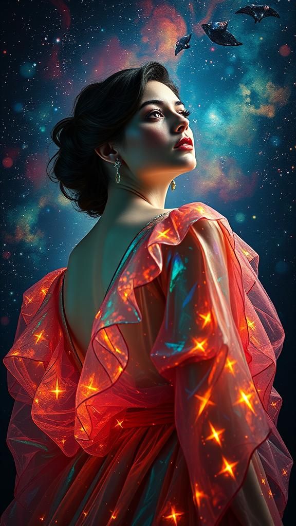 Cosmic Woman Stargazing: Digital Art Portrait