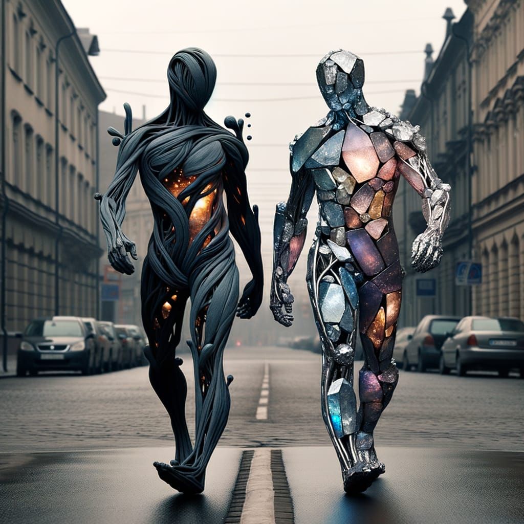 Gemstone and Electricity Humanoids Strolling City Street