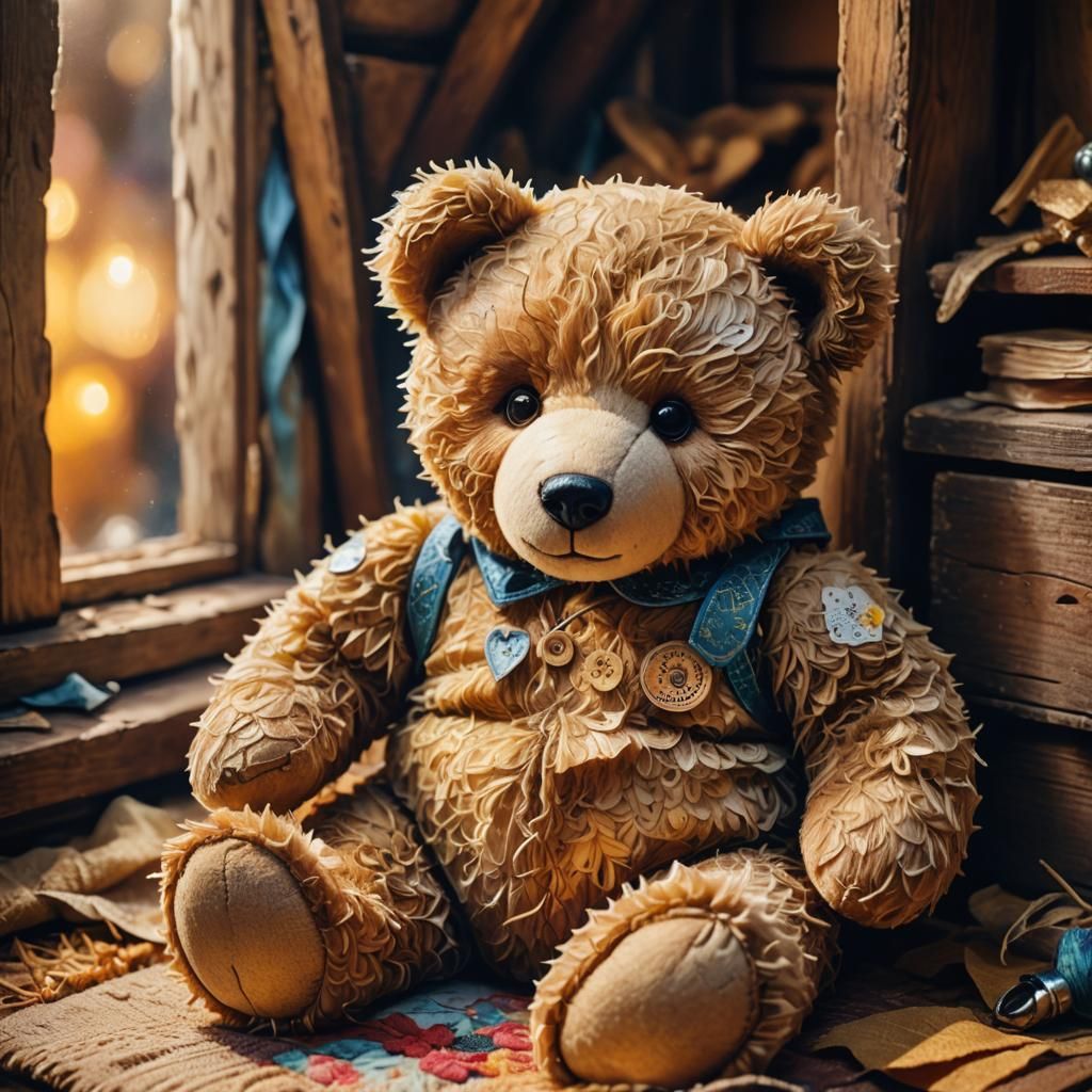 Whimsical Teddy Bear Portrait in Cozy Attic