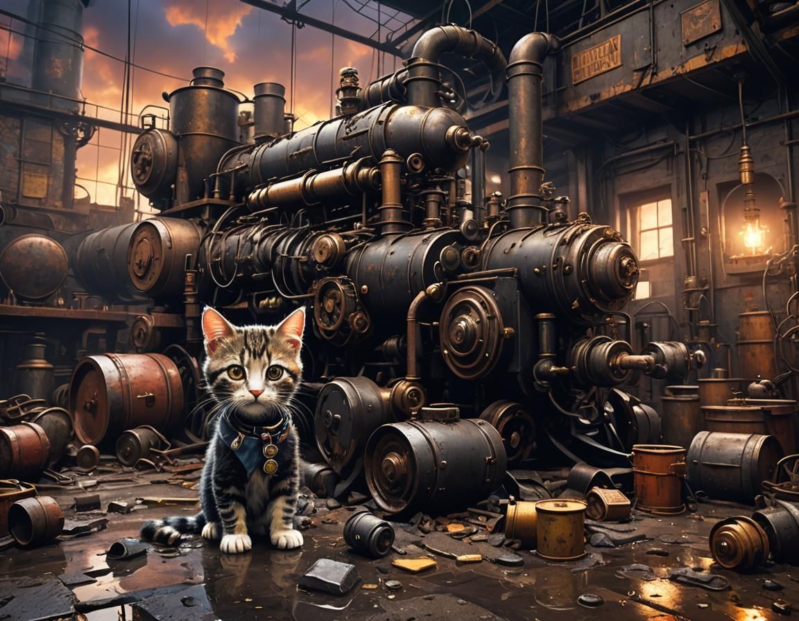 Dieselpunk Kitten in Grimdark Workshop at Sunset
