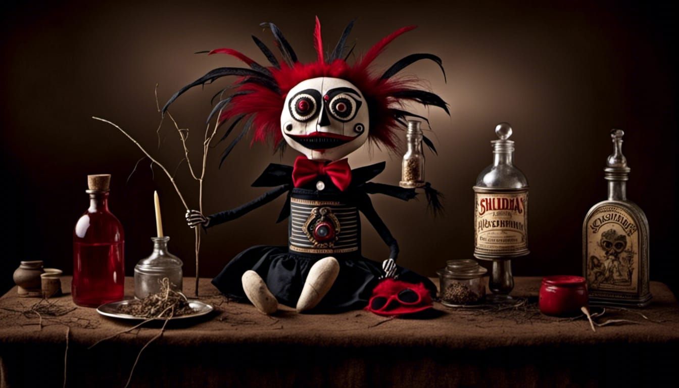 voodoo doll with poison bottles