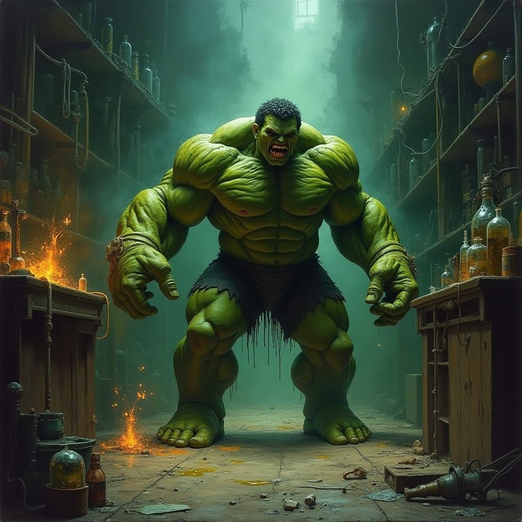 Green Hulk Transforms in Gothic Lab, Brushed Oils Style