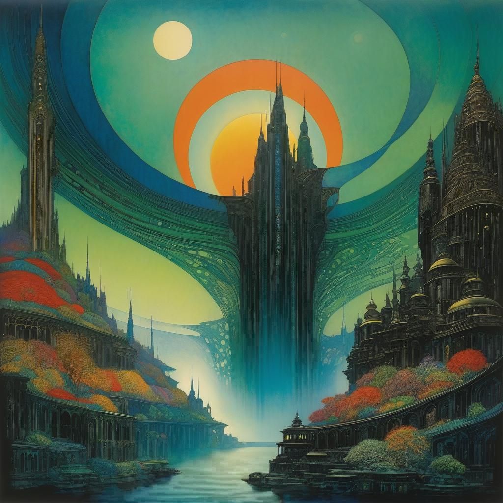 Inked Lithograph Fusion of Art Nouveau and Surrealism