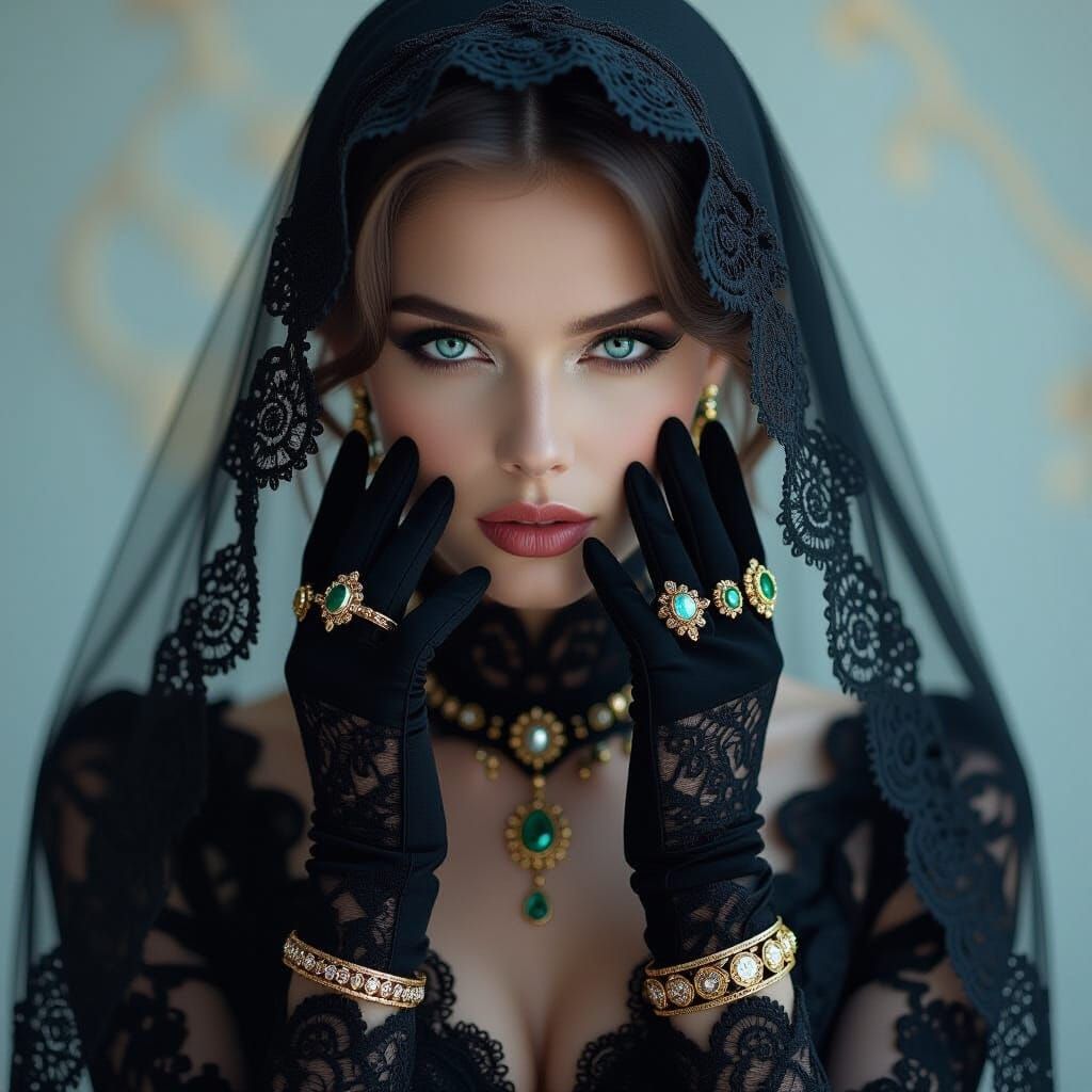 Mysterious Woman in Lace Veil, Sharp Focus
