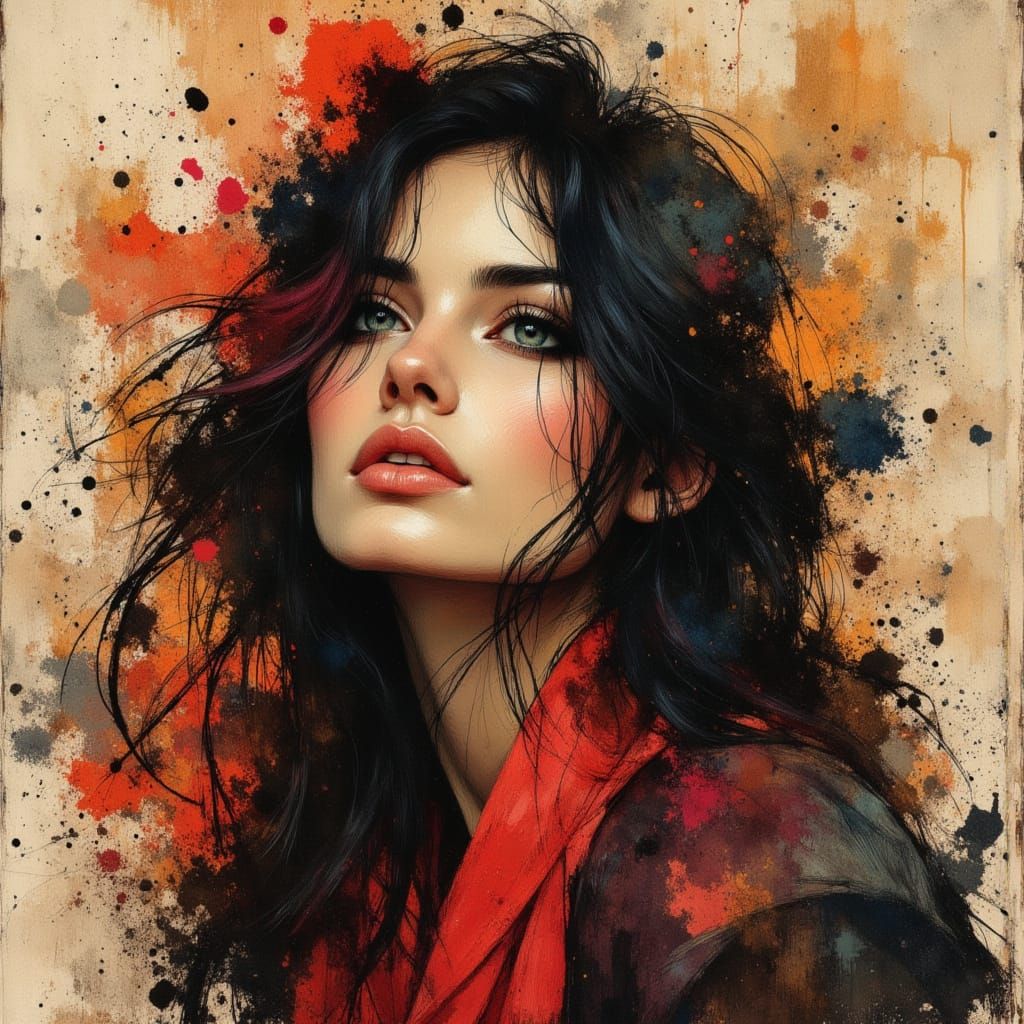 Goddess of Beauty: Gestural Portrait in Red Silk