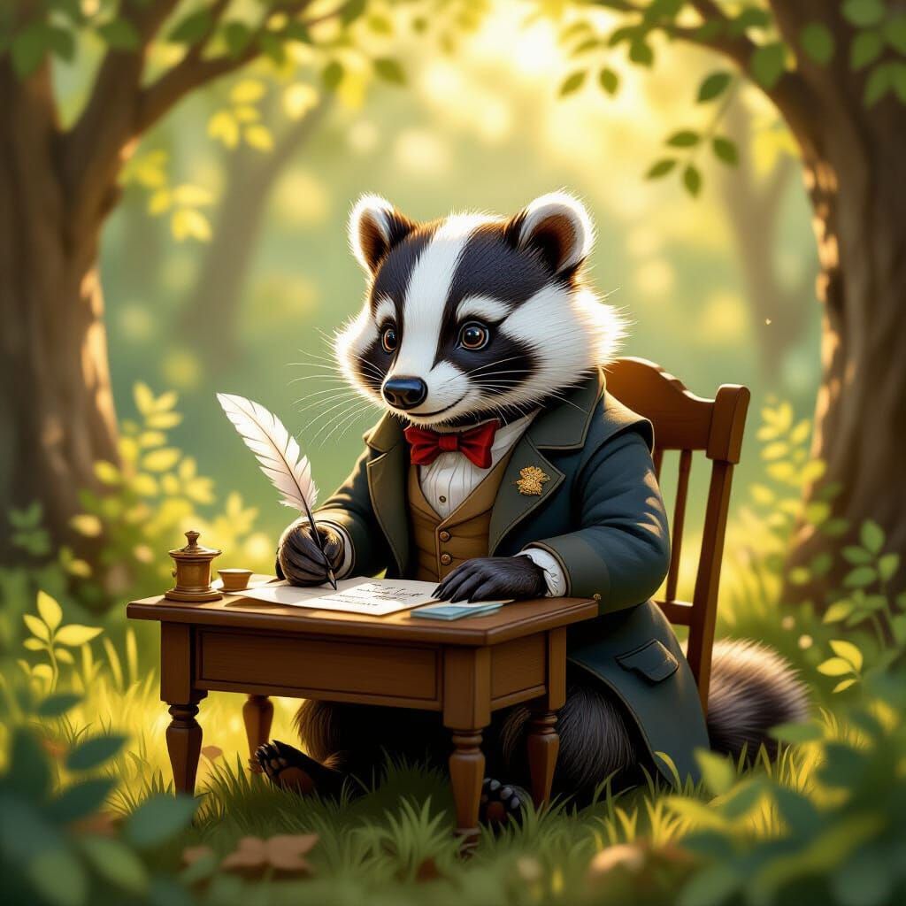 Anthropomorphic Badger Writes Letter in Sun-Dappled Forest