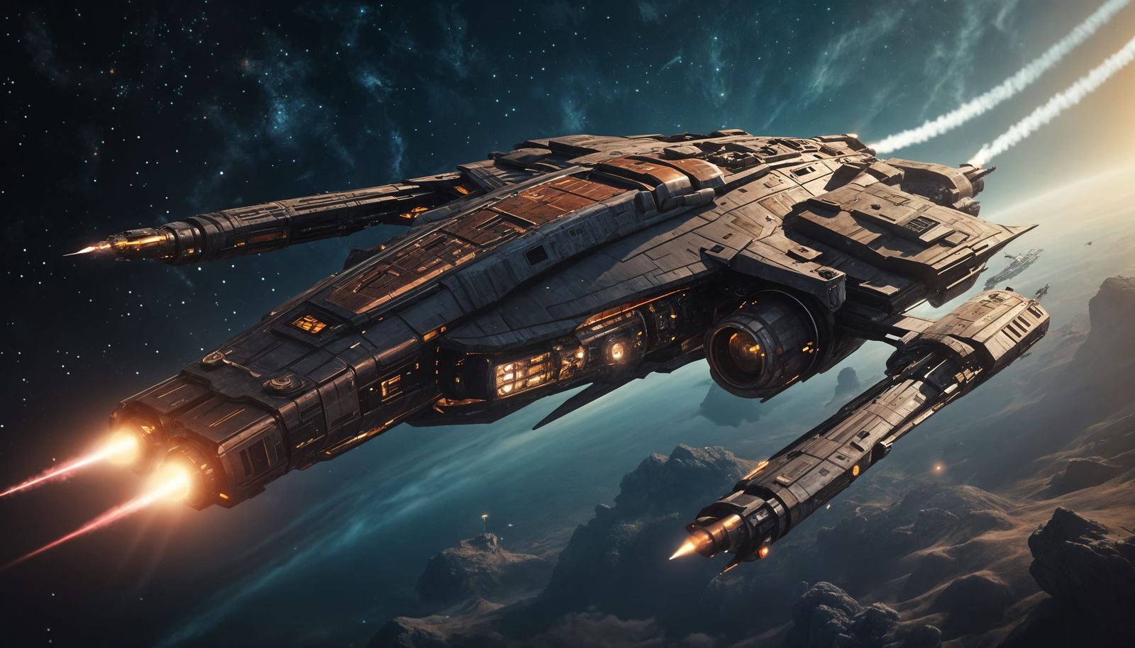 Copper-Gold Vulture Starship in Nebula