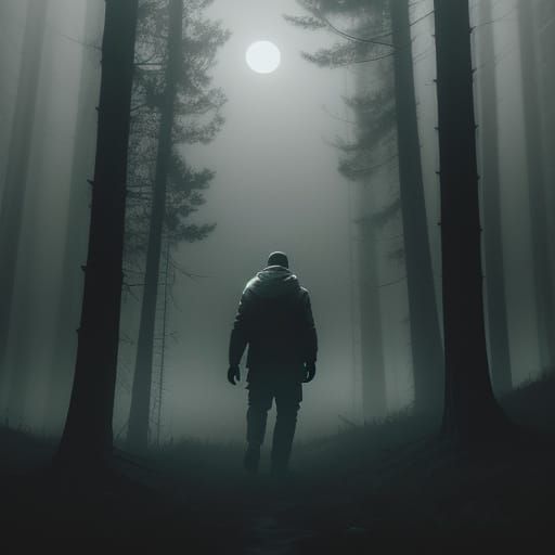 White Male Figure in Misty Forest: Cinematic Still