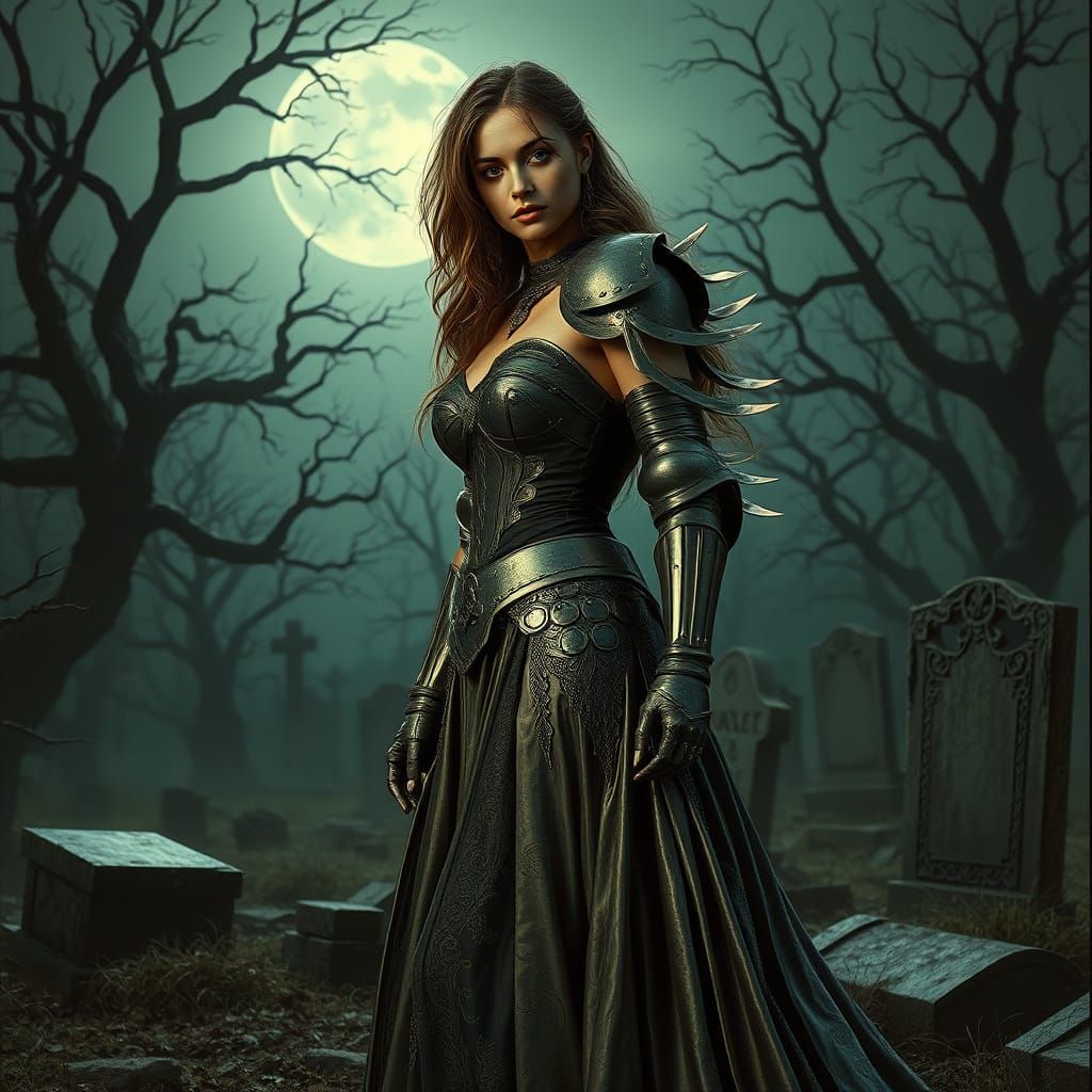 Elegant Knight in Gown Guards Moonlit Graveyard