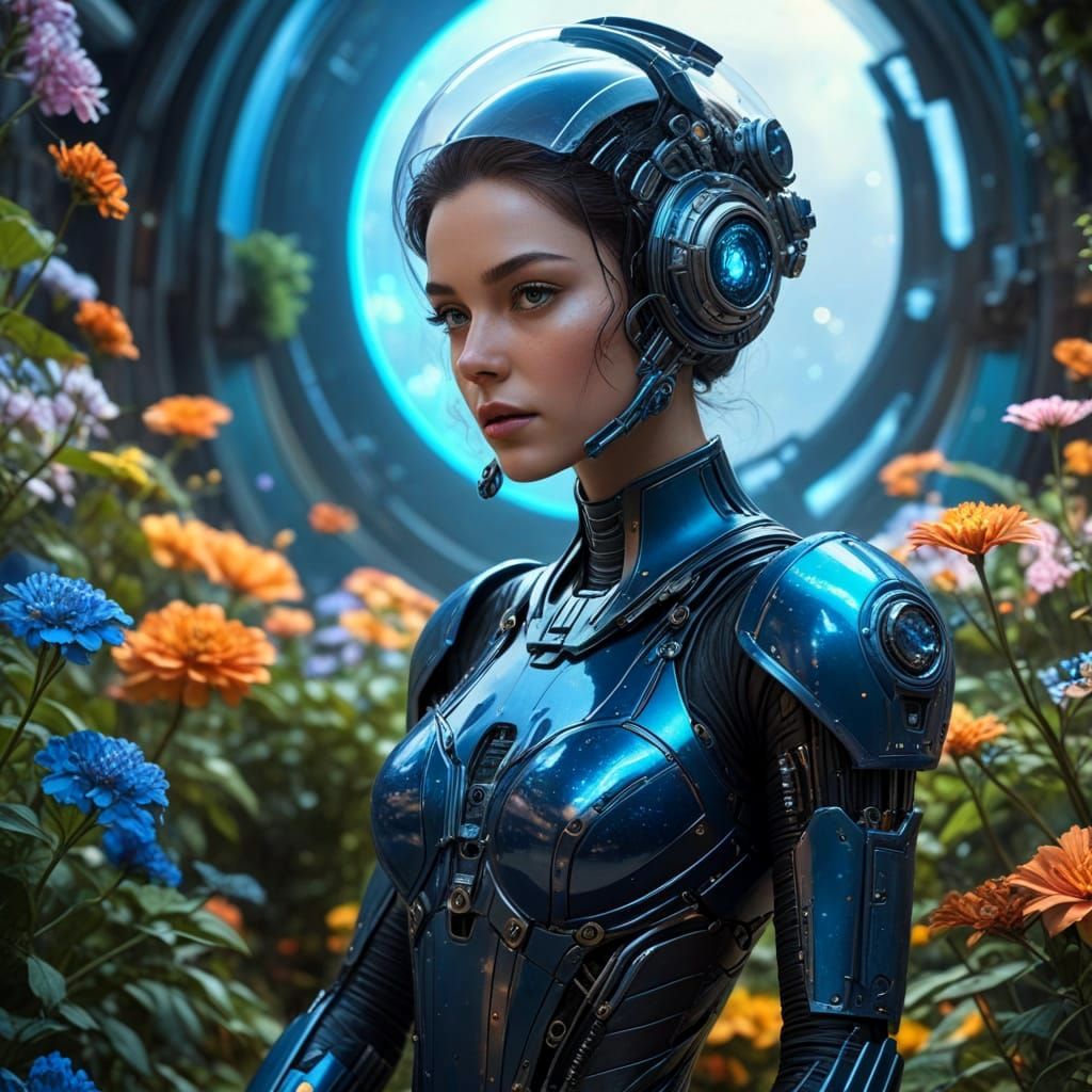 Ethereal Sci-Fi Droid in a Blooming Garden