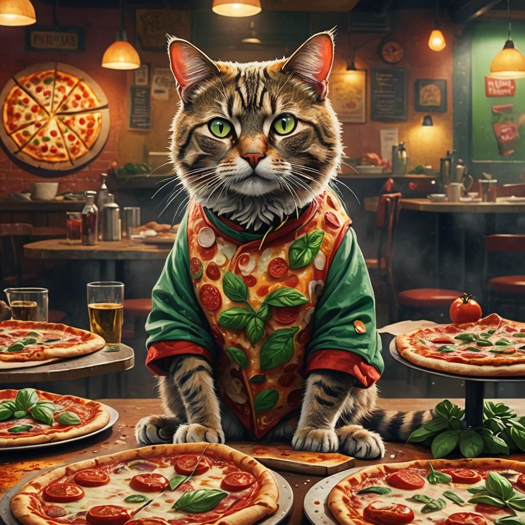Cat in Pizza Suit, Whimsical Concept Art