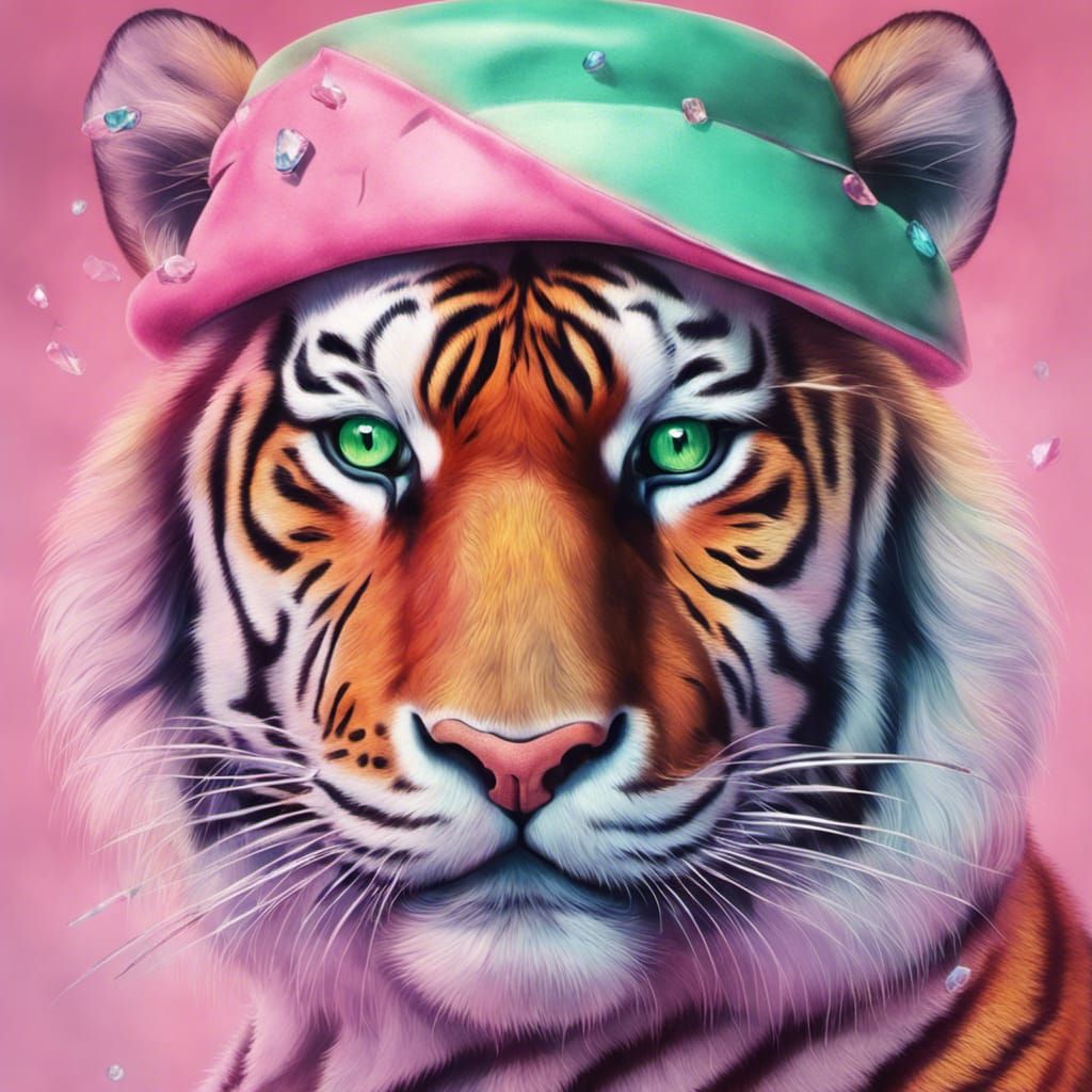 Tiger in Beret with Diamond Necklace, Candy Art