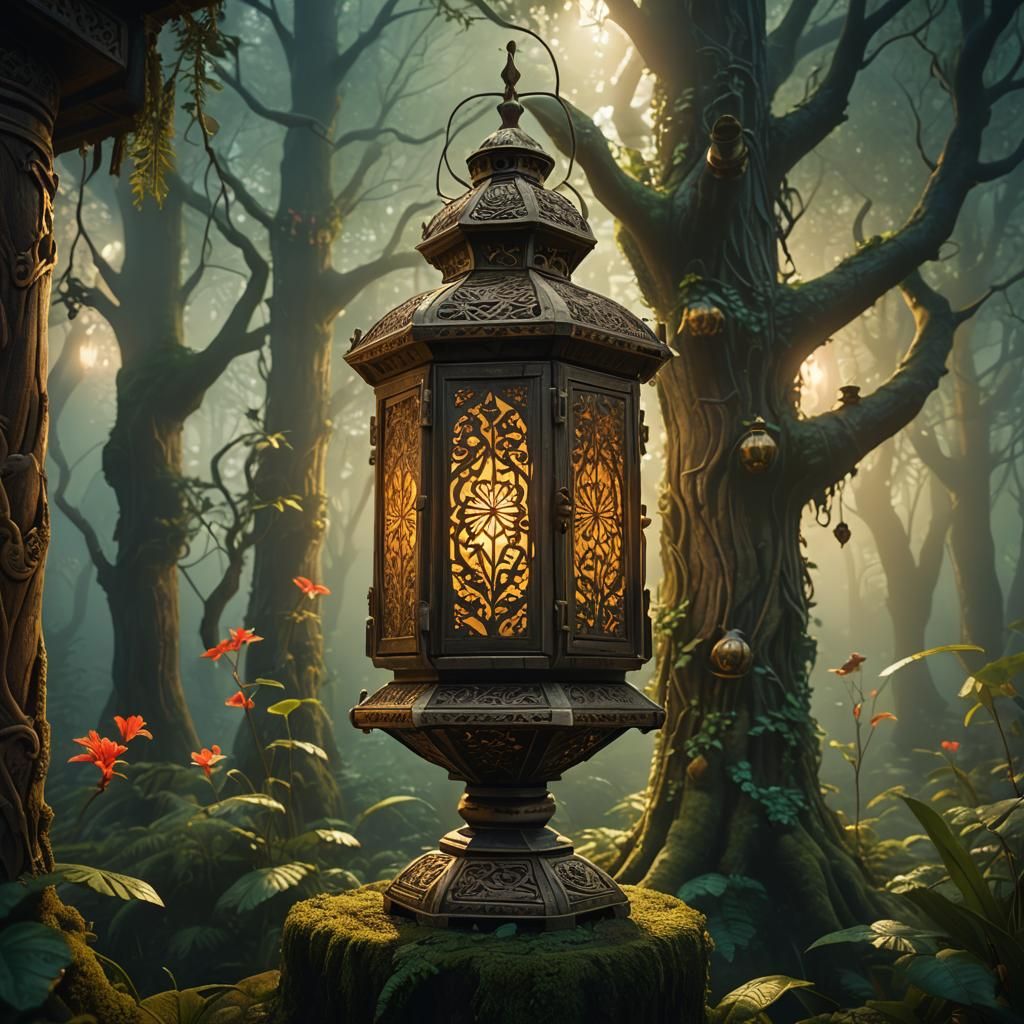 Glowing Carved Lantern in Mystical Forest