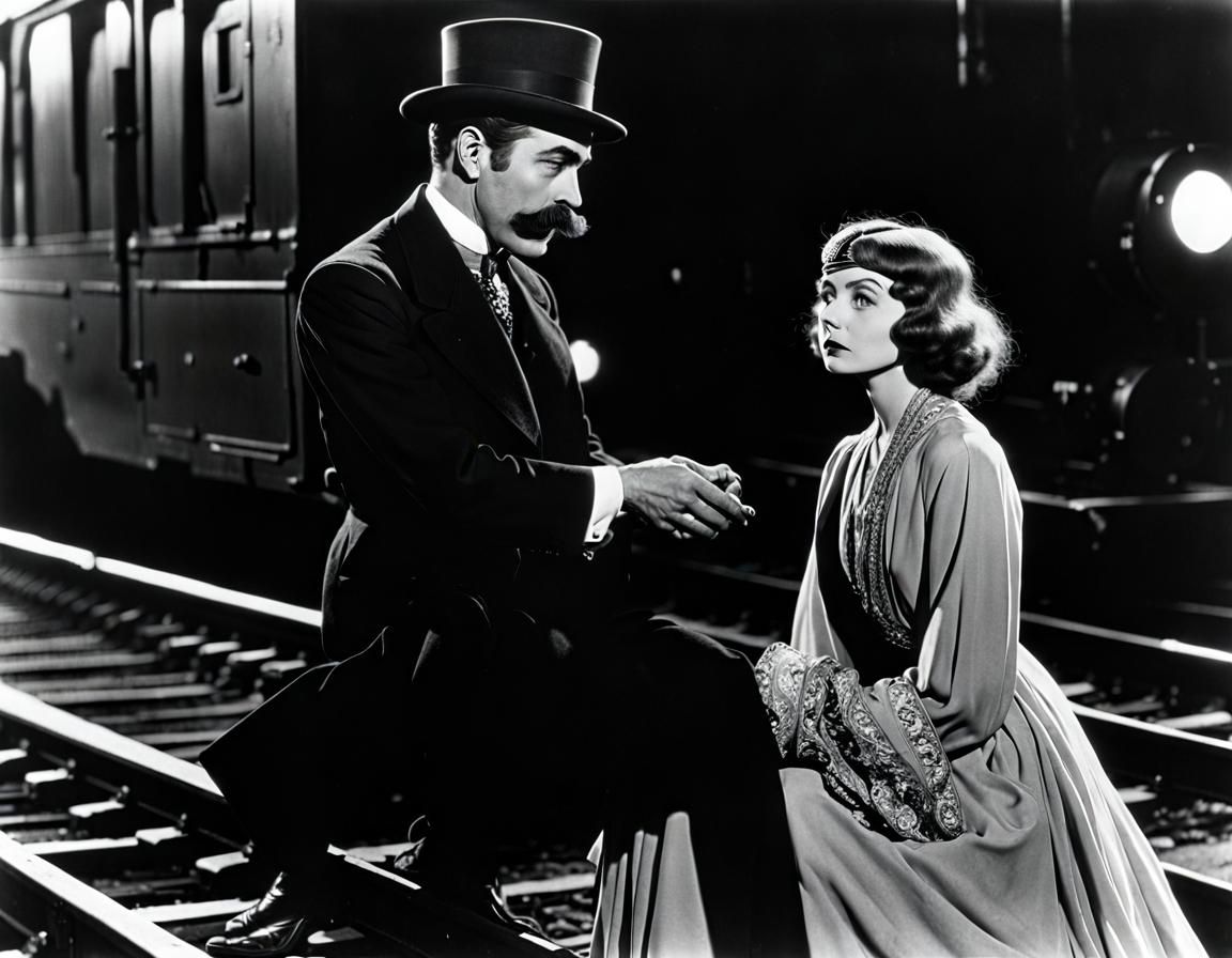 Silent Movie Villain Tying Heroine to Tracks