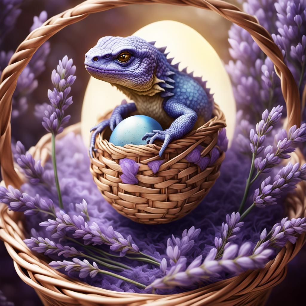 Giant Lizard Egg in Wicker Basket with Lavender