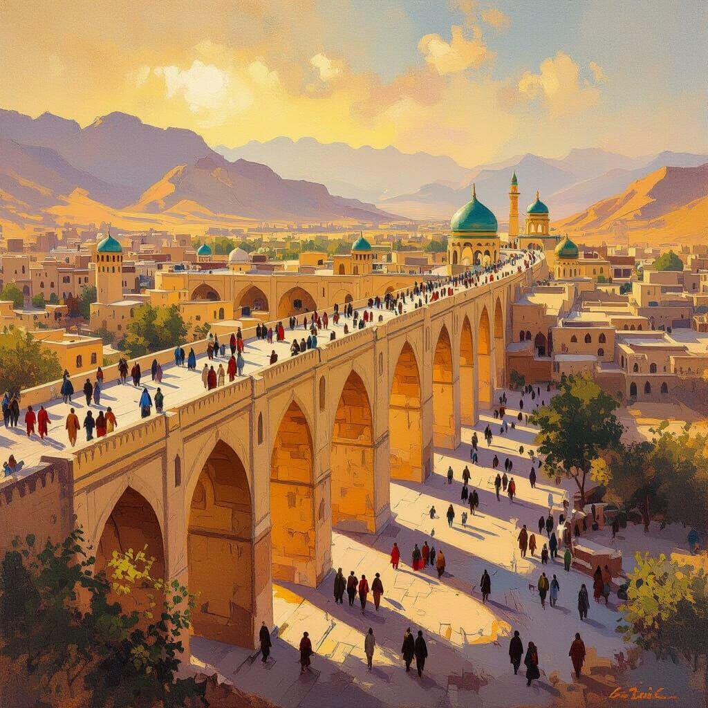 Afghan Arch Bridge with People in Golden Hour Oil Painting S...