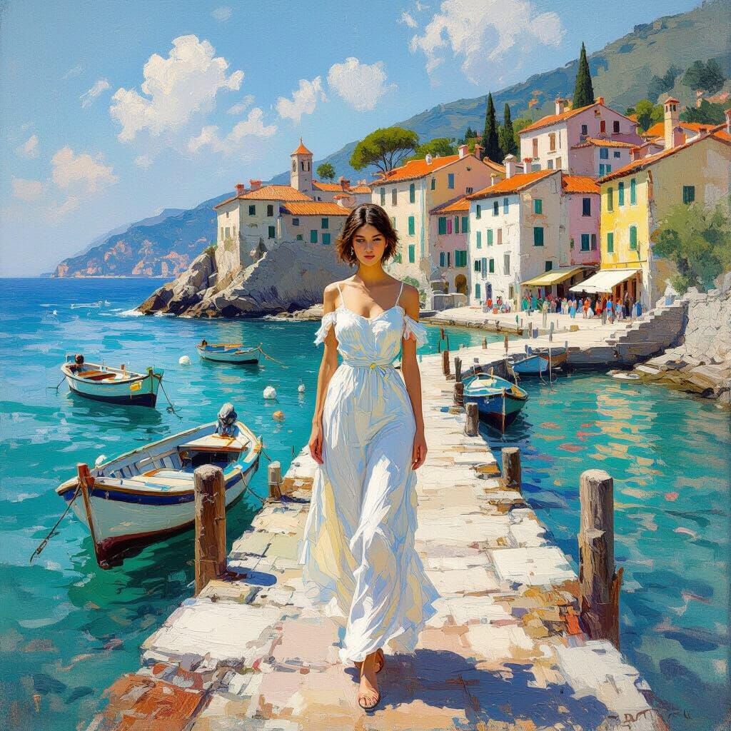 Italian Coastline with Woman, Impressionistic Style