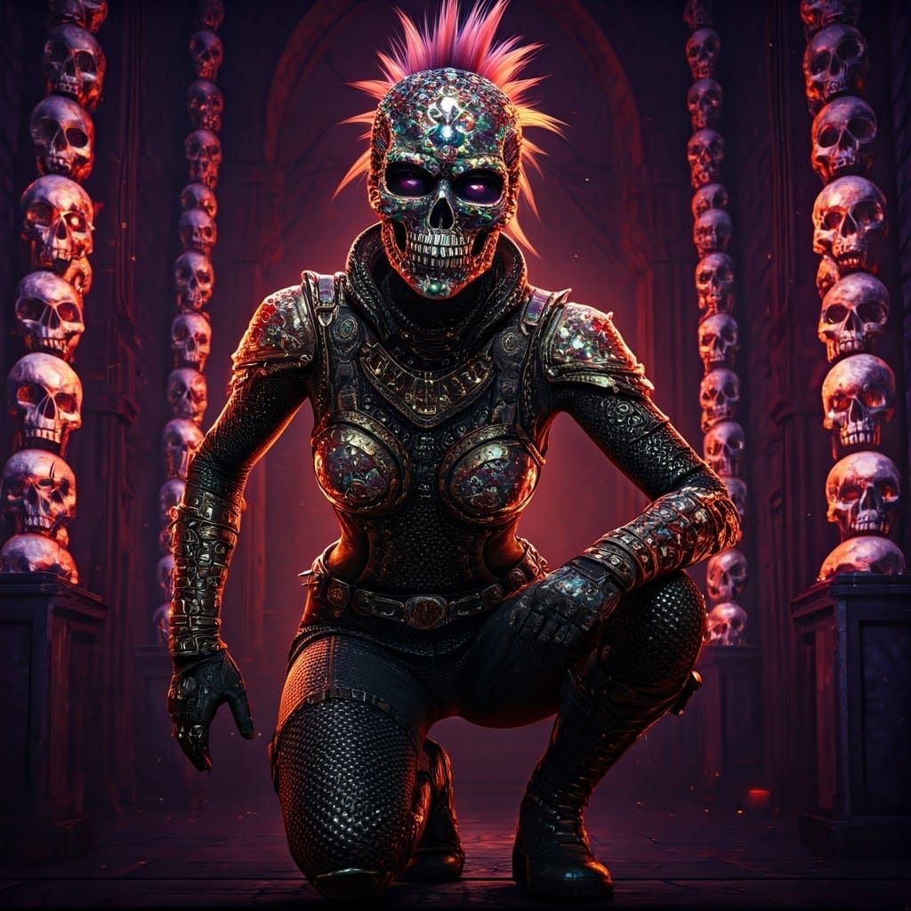 Feminine Punk Rock Heroine in a Vibrant Masquerade Mask