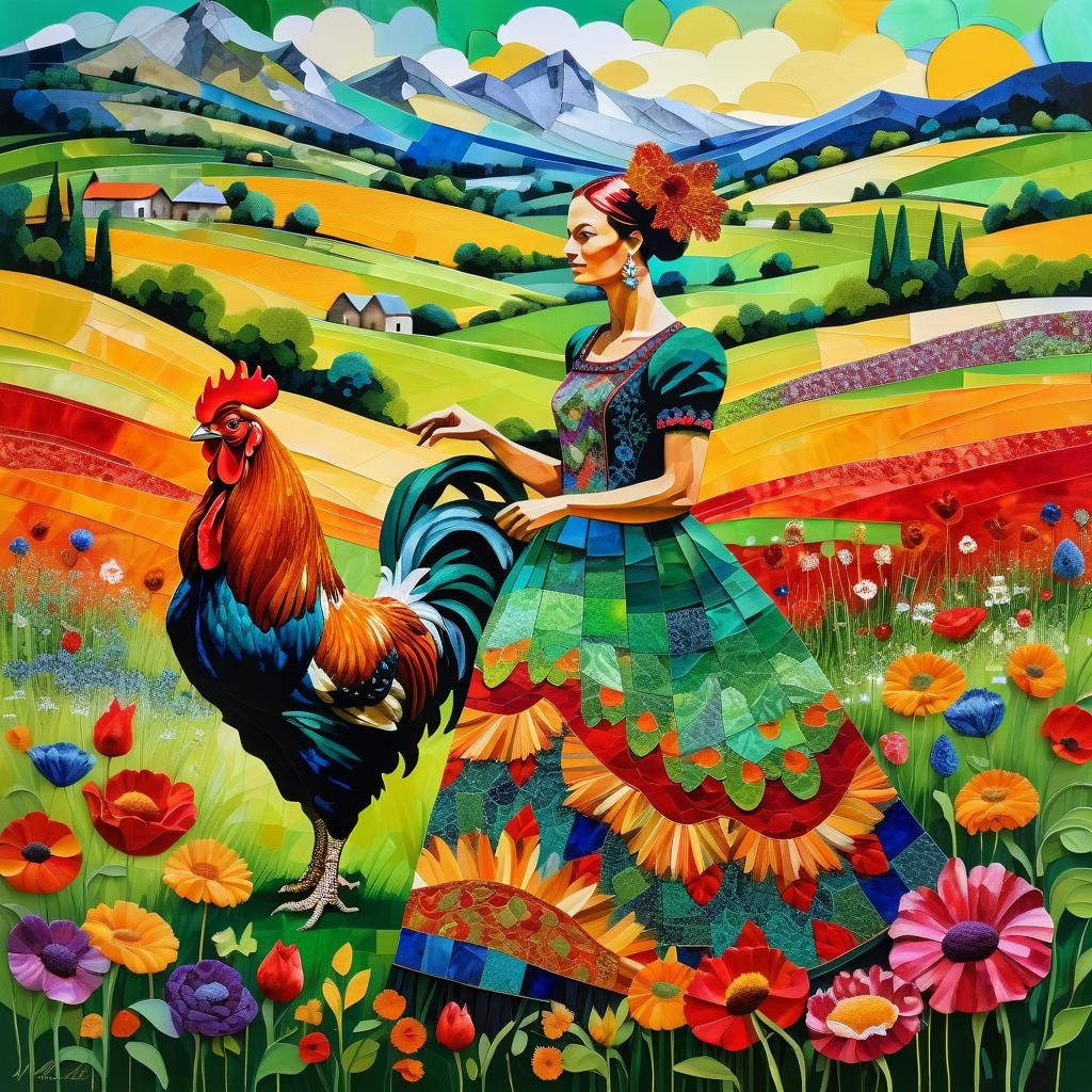 Die mit aufwendigen Acrylmaltechniken dargestellte Frau strahlt Anmut und Eleganz aus und trägt ein fließendes Kleid, da...