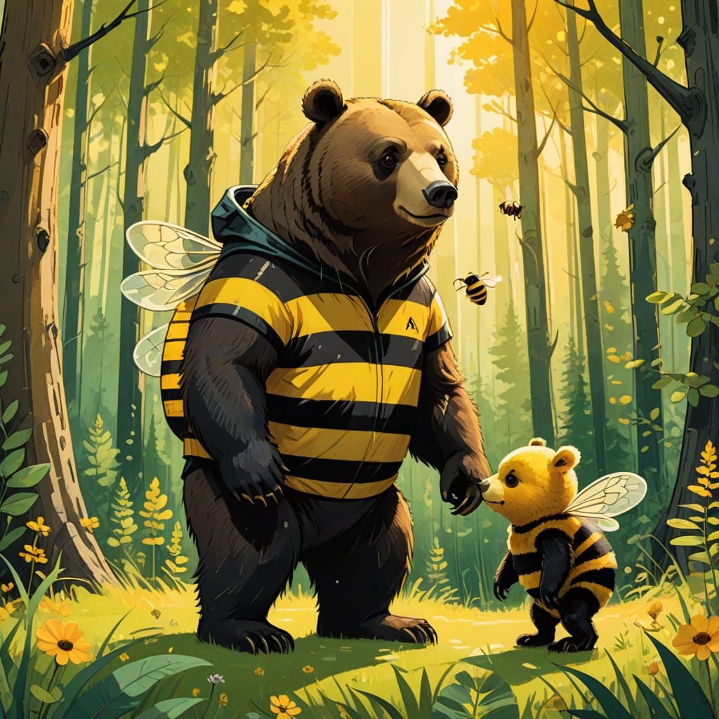 Bear and Bee Friendship in Forest Illustration