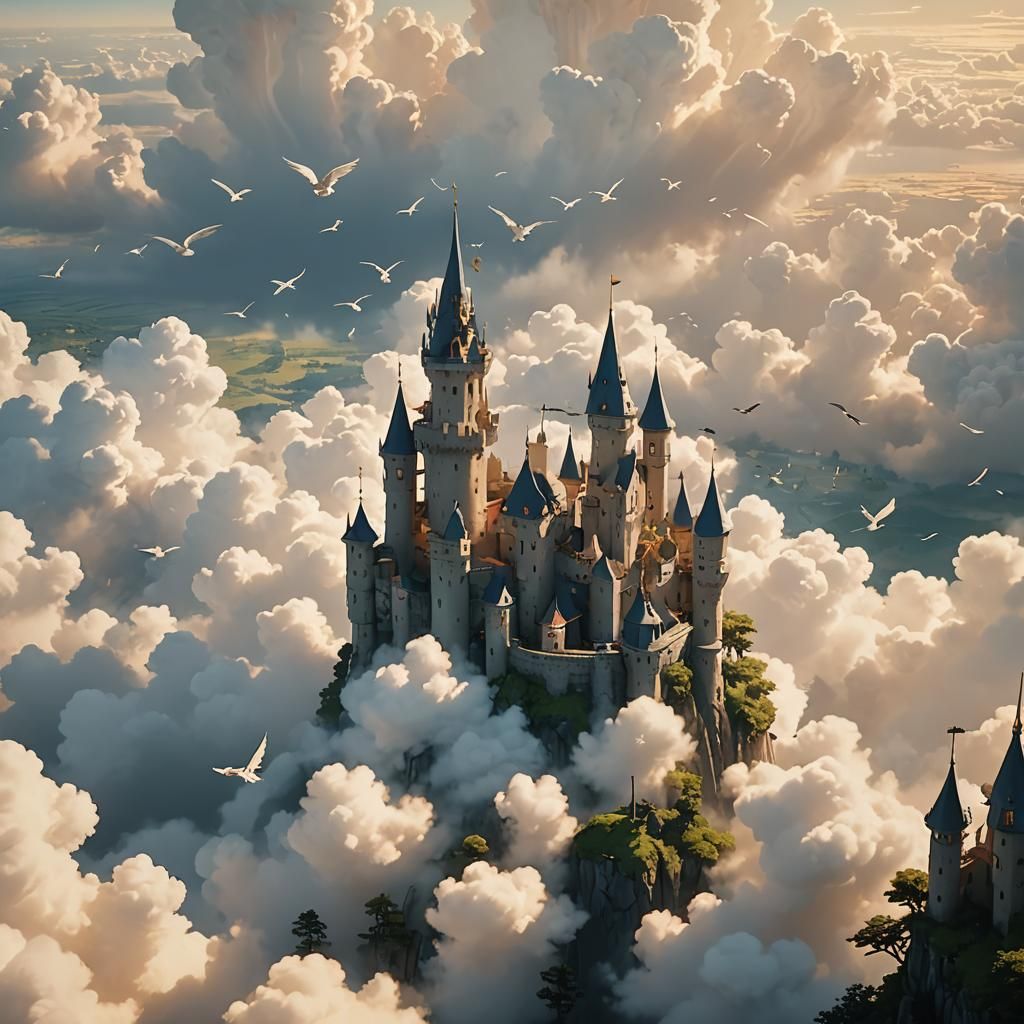 Ethereal Cloud Castle in Miyazaki Style