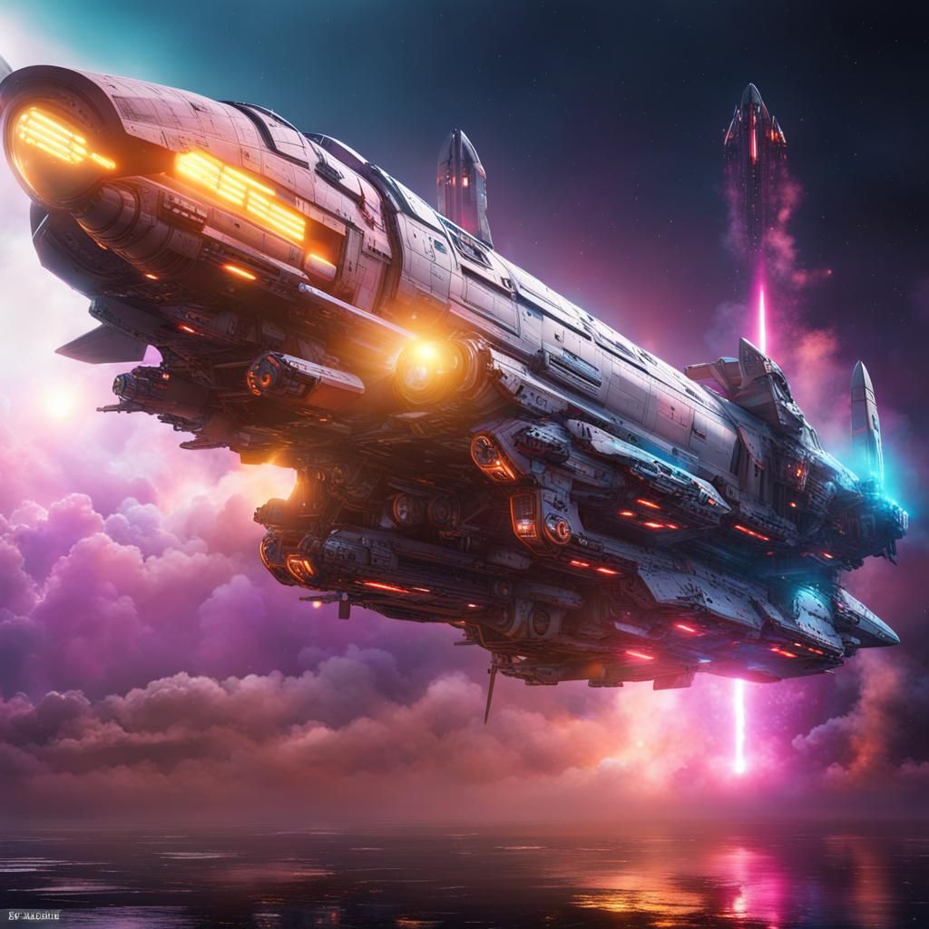 Cyberpunk Spaceship Launching into Space: 3D Rendering
