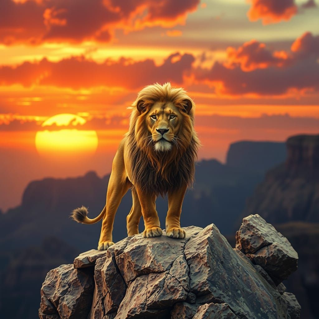 Majestic Lion on Rocky Cliff at Sunset: Oil Painting