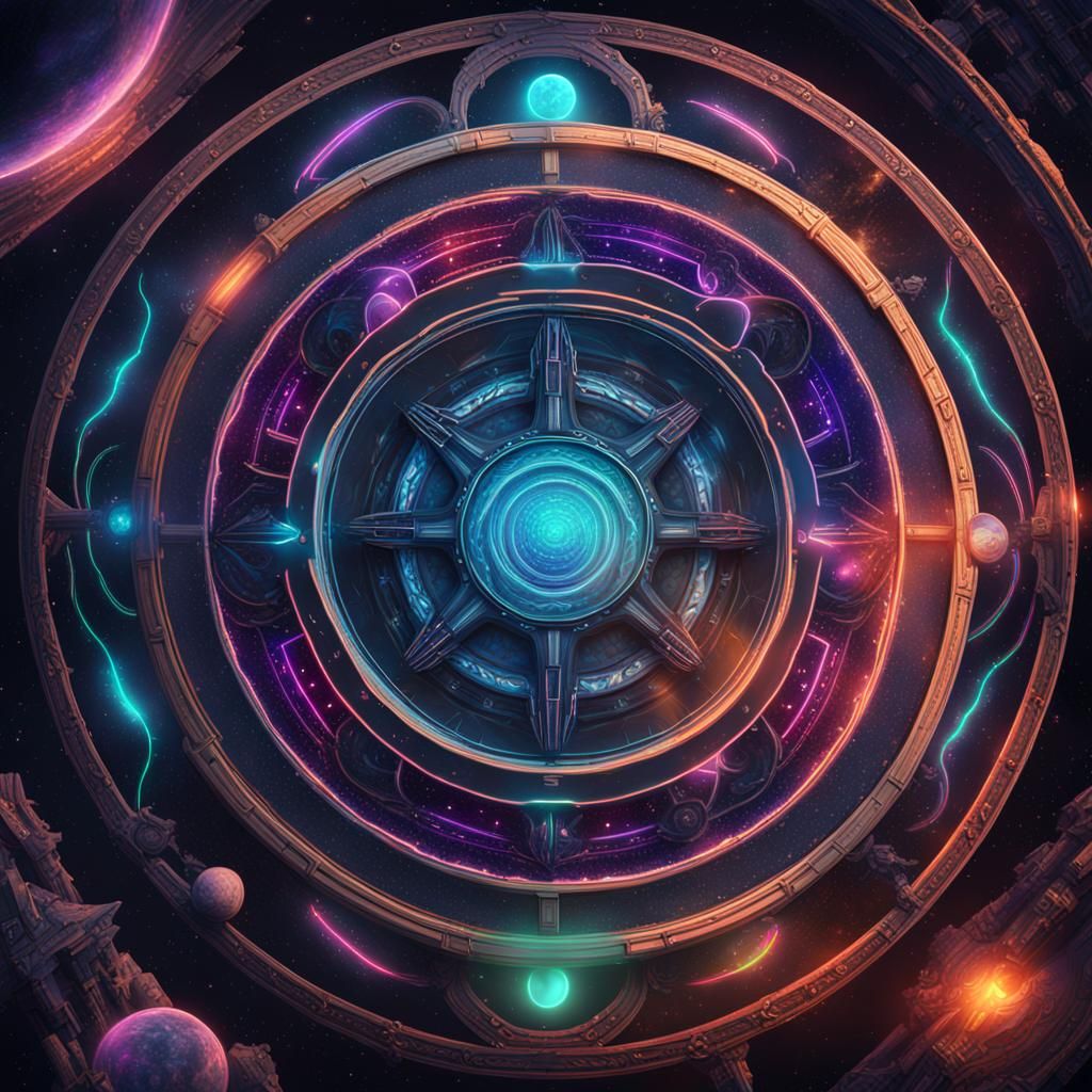 Deep Space Mandala with Neon Glow: Digital Art