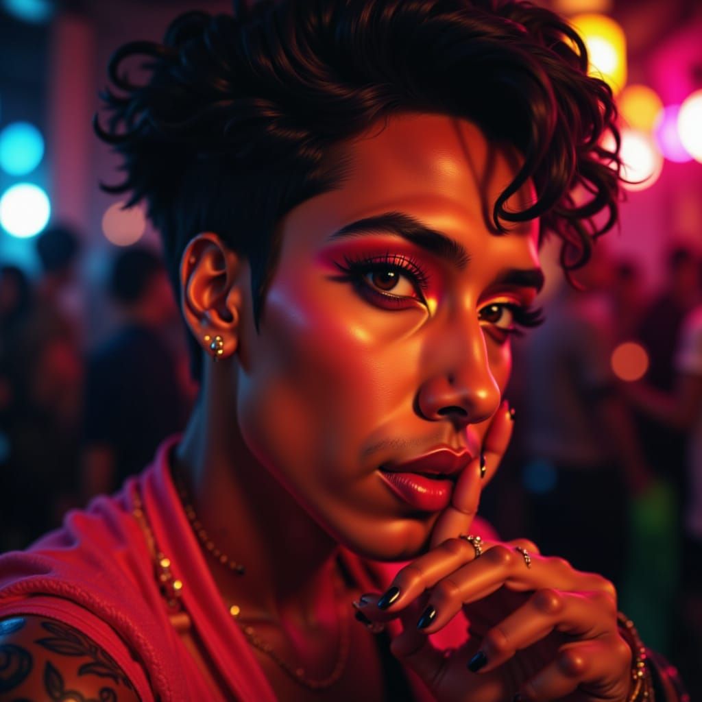Man in Glam Makeup at Club, Hyper-Realistic Photo