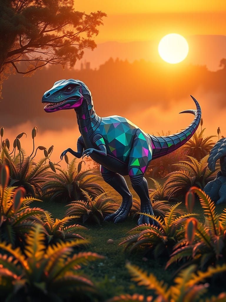 Enchanted Dinosaur Reigns in Golden Fantasy Landscape