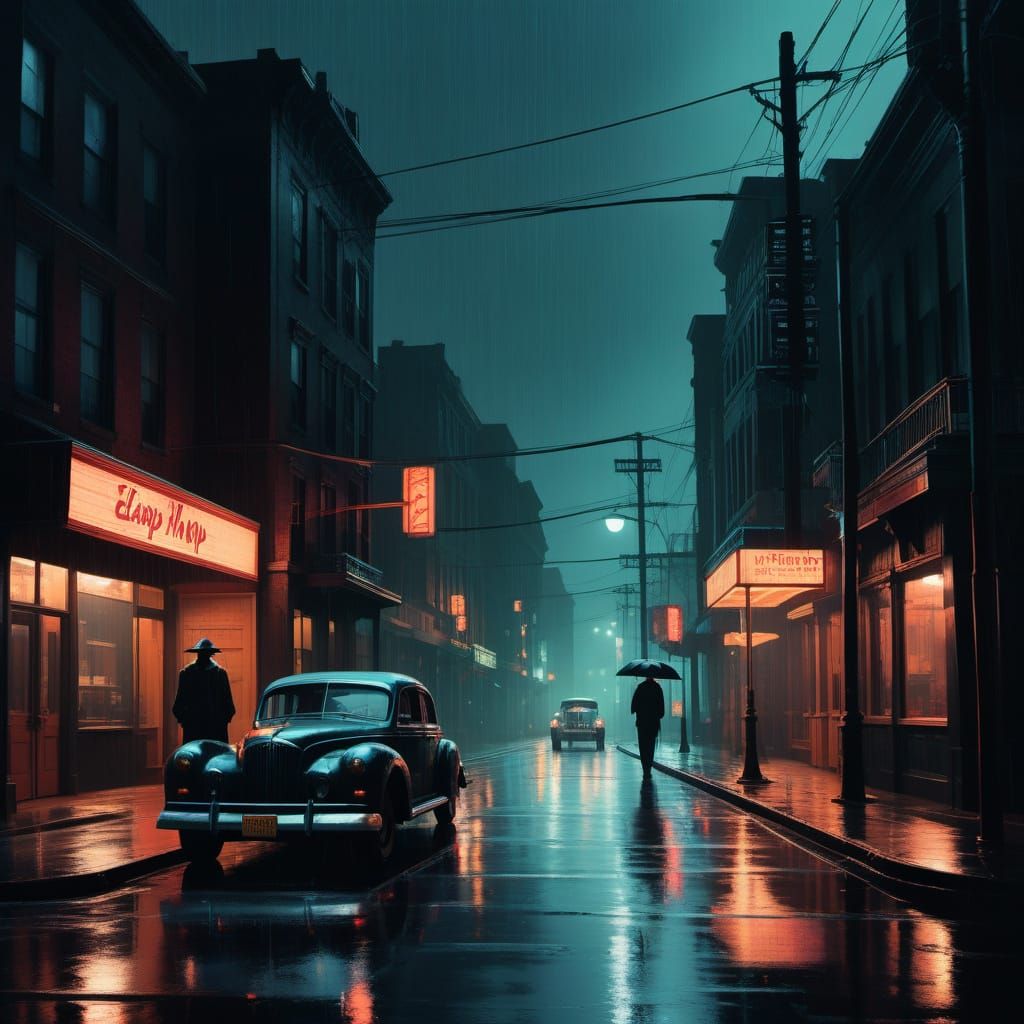 Film Noir Cityscape: Rainy Neon Street with Cinematic Lighti...