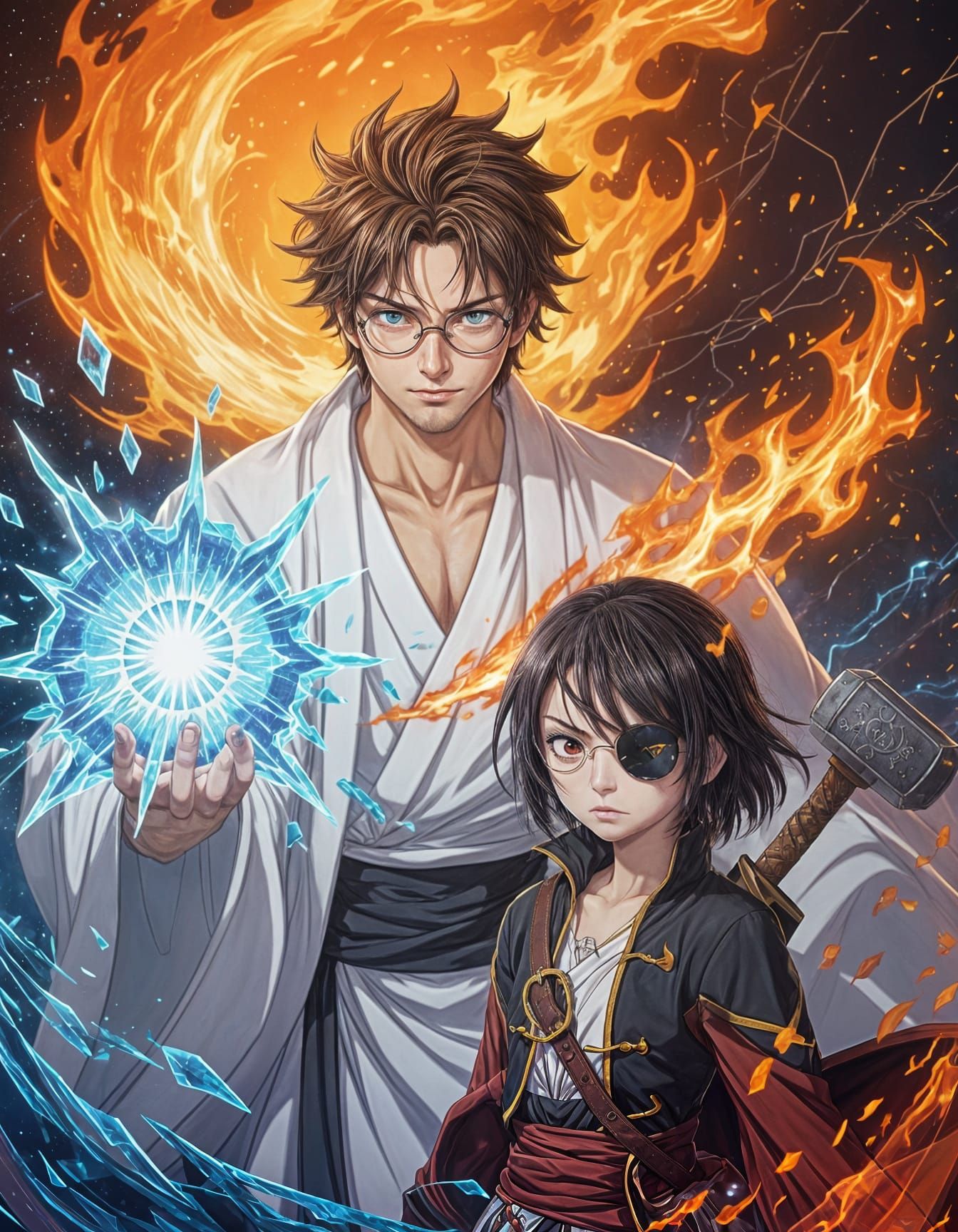 Anime Man Wielding Ice and Fire in Parallel World