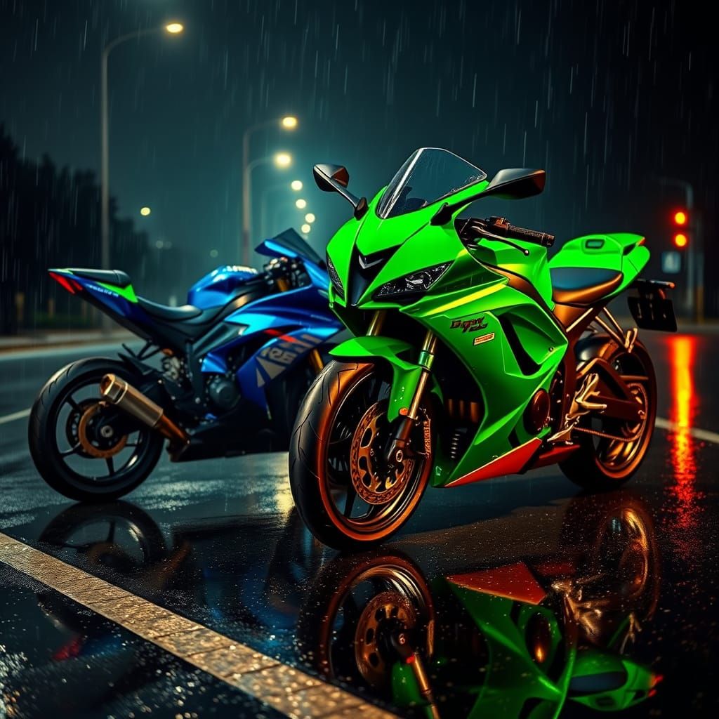 Cyberpunk Sports Bikes Drenched in Neon Rain
