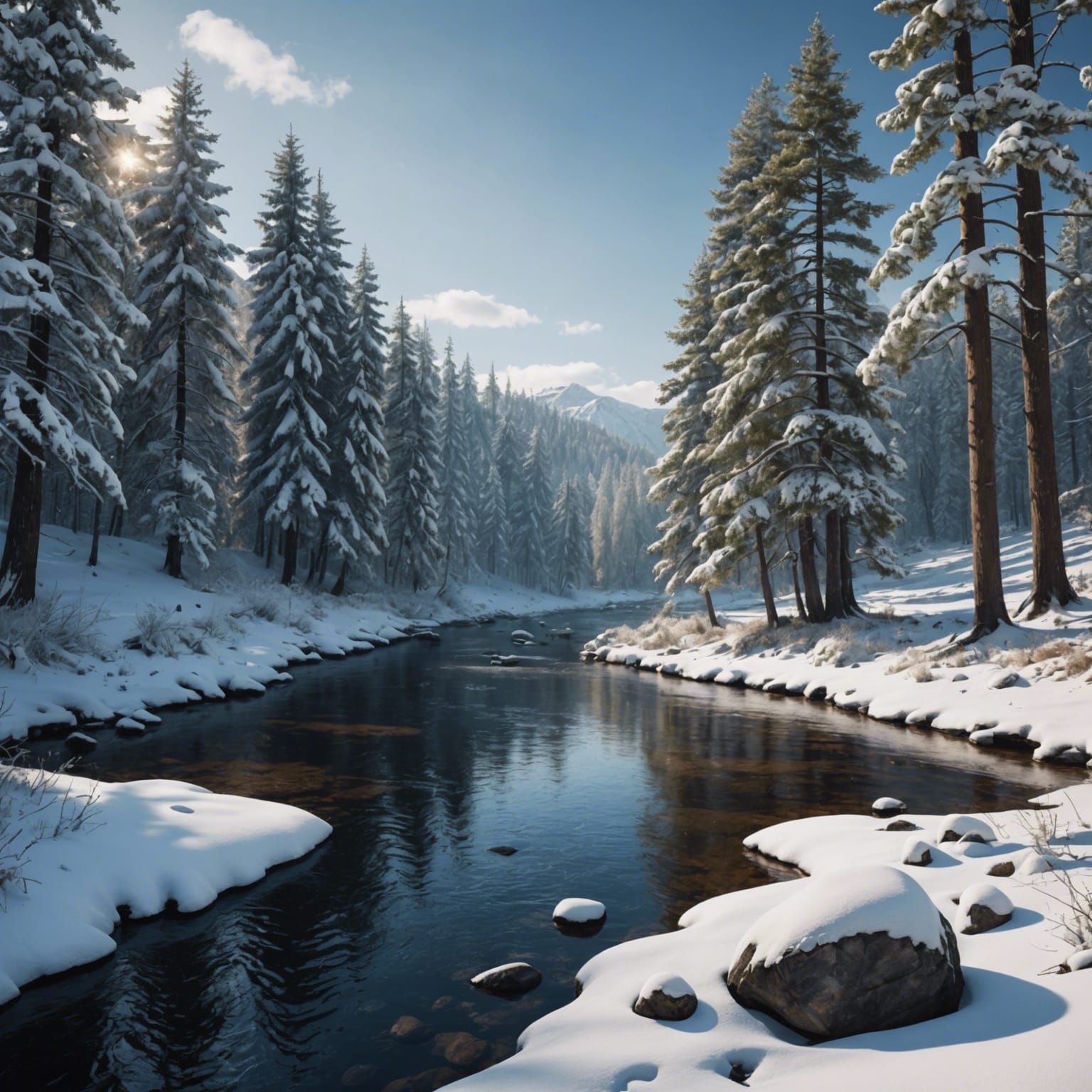 Photorealistic Snowy River Through Winter Woods