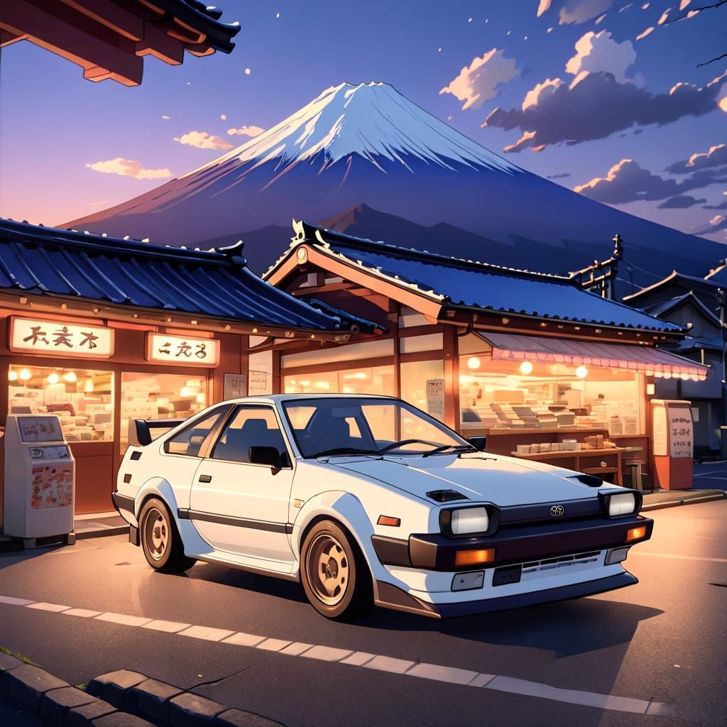 Toyota AE86 at Fujiwara Tofu Shop, Ghibli Style
