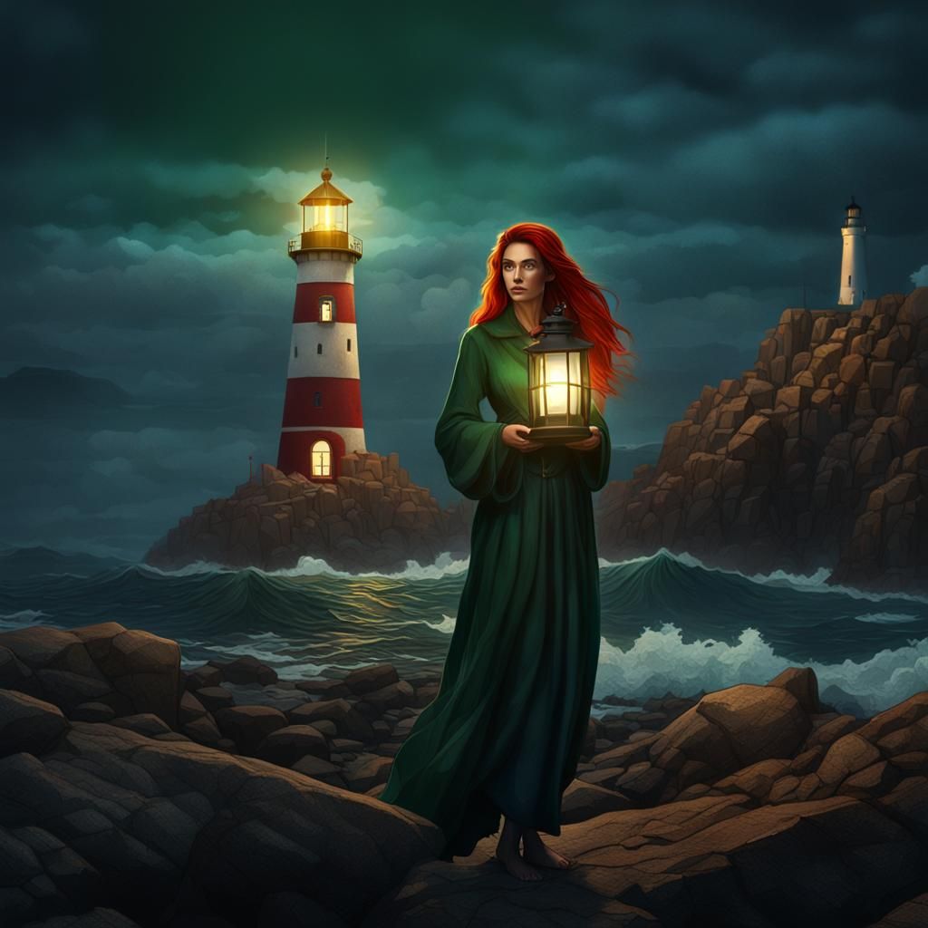 Woman with Lantern on Seashore at Night