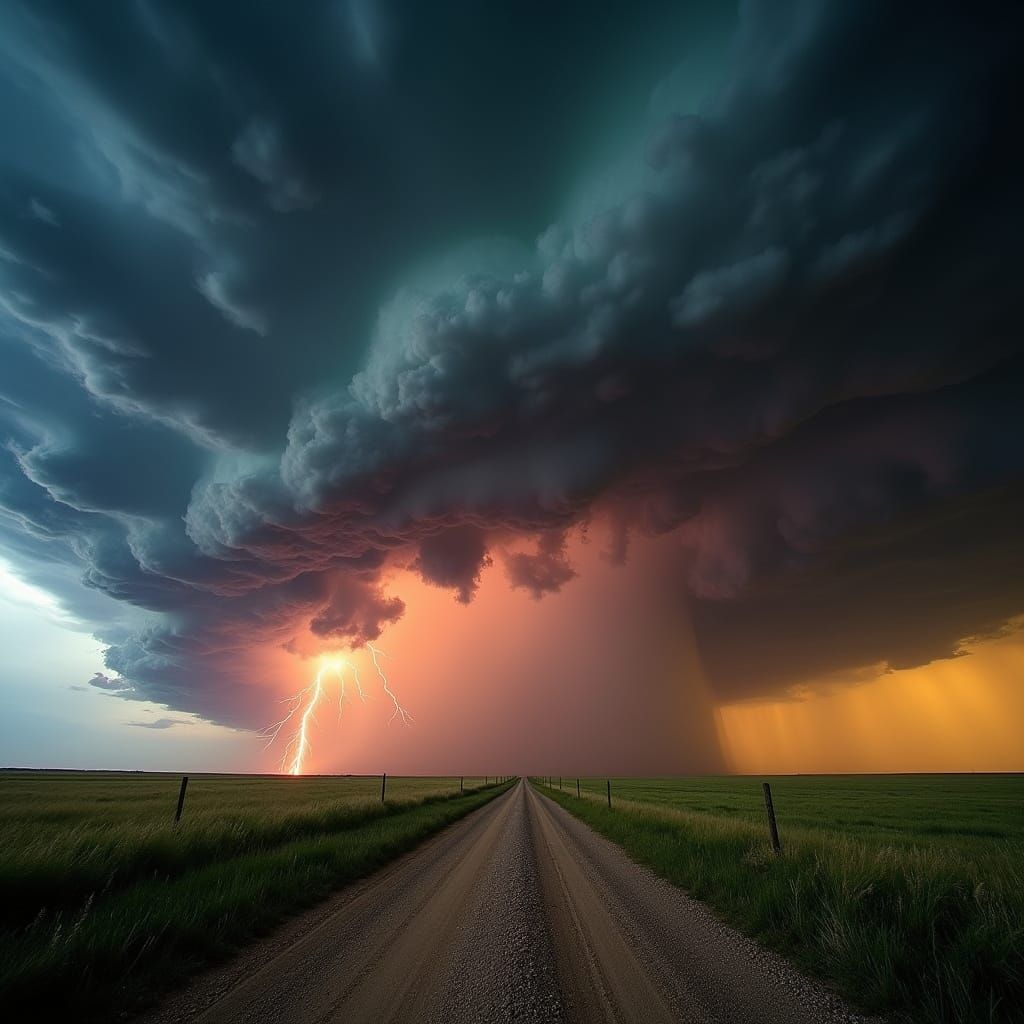 Massive Supercell Thunderstorm Over Prairie at Sunset