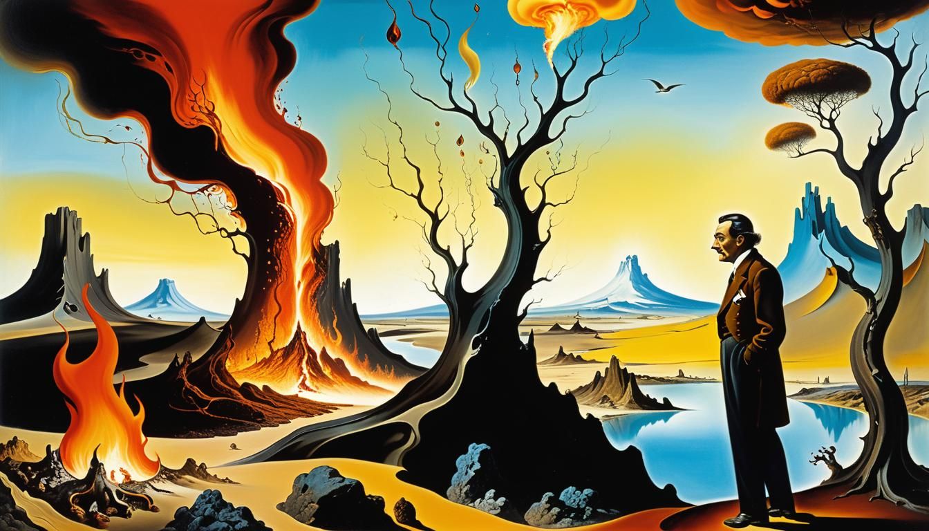 Surreal Fire Landscape with Bearded Man, Salvador Dali Style