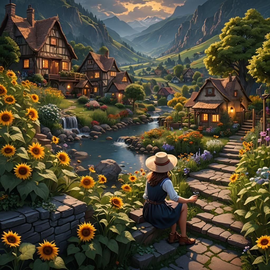 Woman in Garden with Sunflowers: Matte Painting