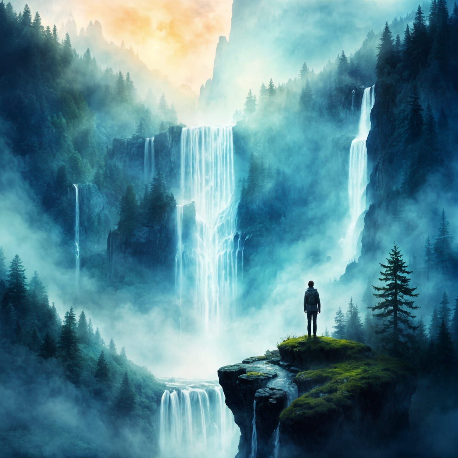 Lone Figure on Cliff Overlooking Enchanted Waterfall Landsca...